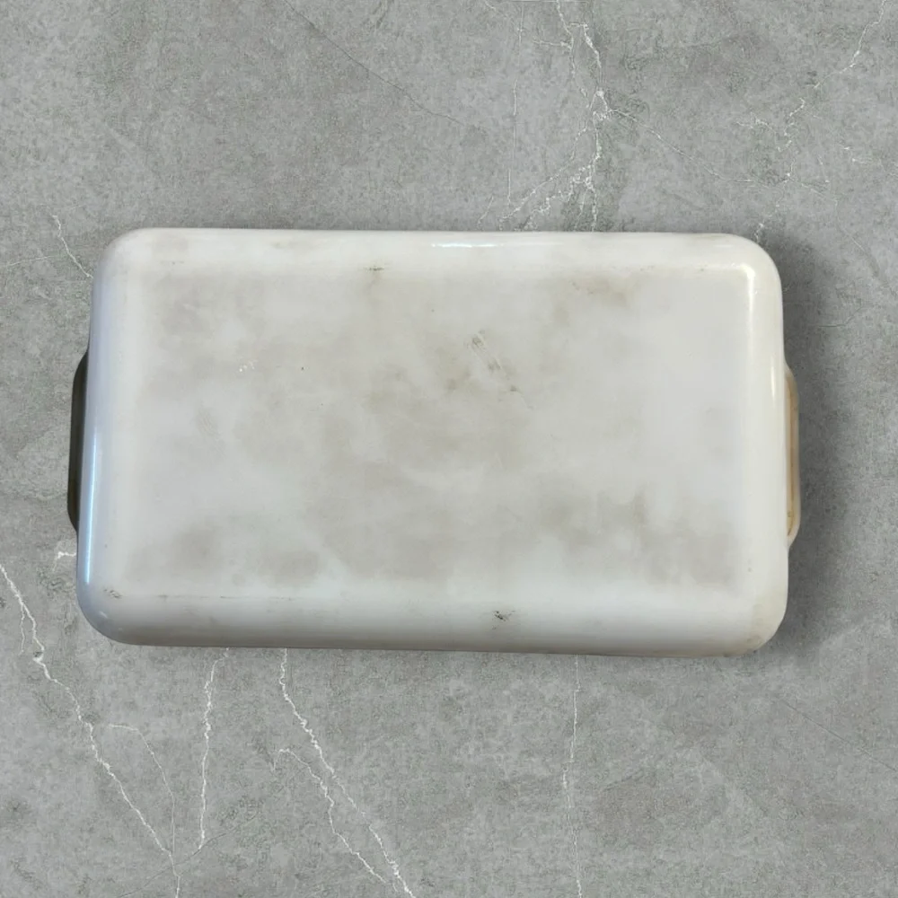Vintage MCM Loaf Pan‎ My Blue Heaven Fire King Atomic Milk Glass 50s-70s